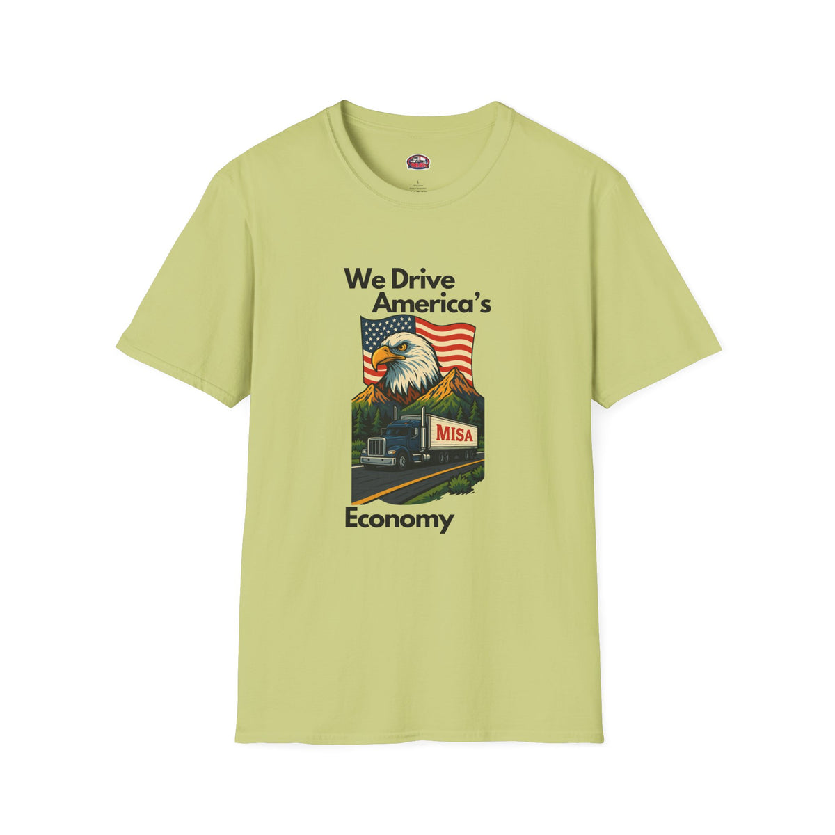 White patriotic unisex T-shirt by Printify featuring a design that says "We Drive America's Economy."