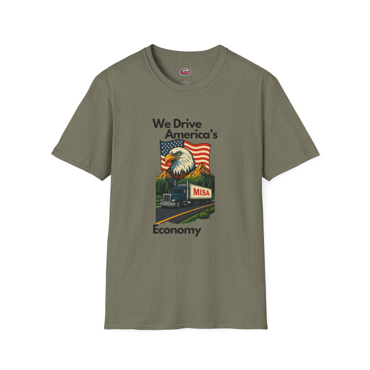 White unisex patriotic T-shirt by Printify featuring a "We Drive America's Economy" design.