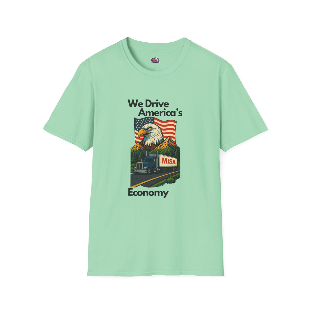White patriotic unisex T-shirt by Printify featuring "We Drive America's Economy" design, casual fit and bold print.