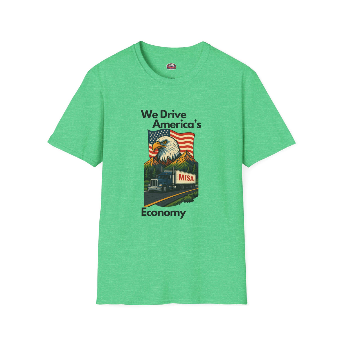 White unisex patriotic T-shirt by Printify featuring "We Drive America's Economy" design, showcasing a bold graphic on the front.