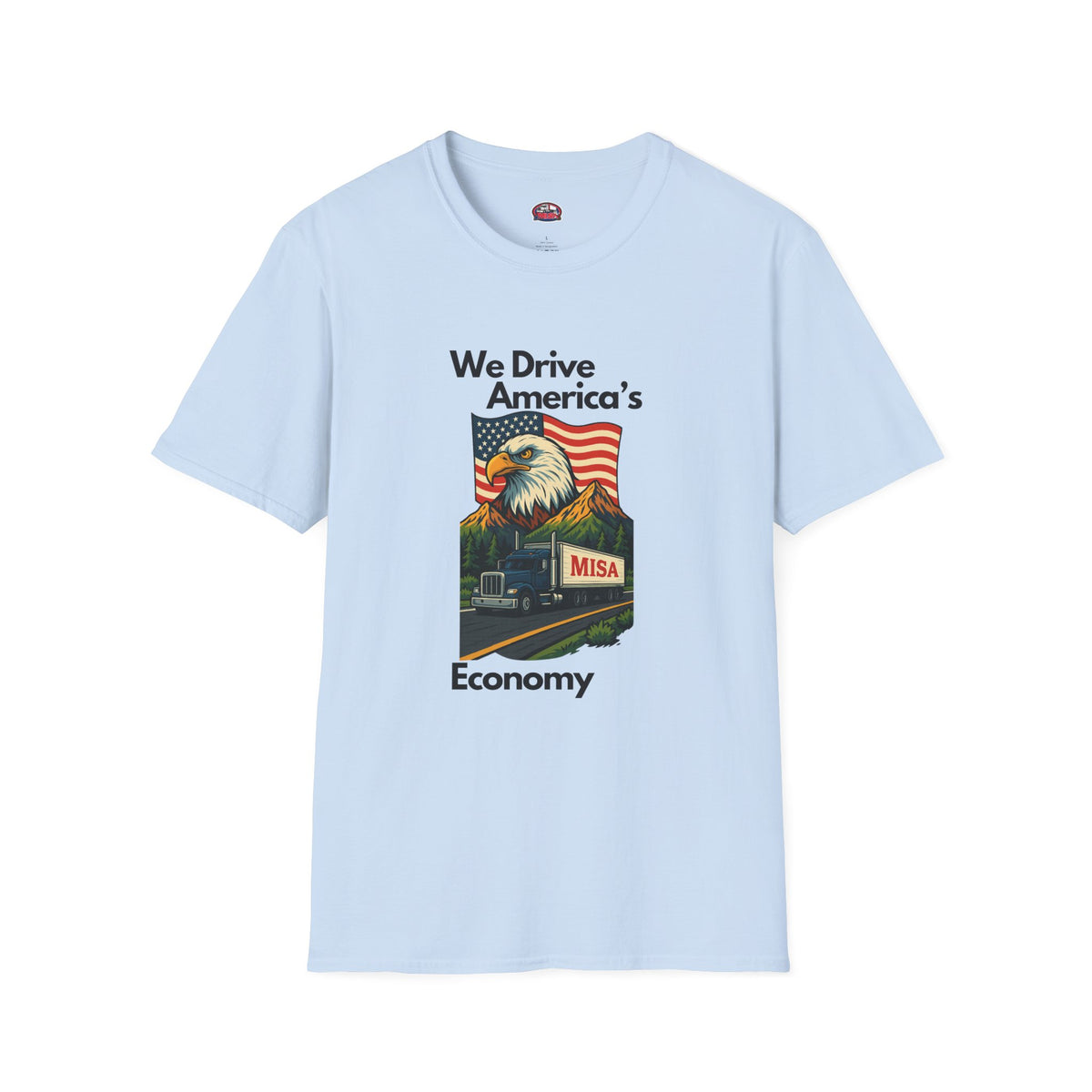White patriotic unisex T-shirt by Printify featuring "We Drive America's Economy" design, casual and comfortable fit.