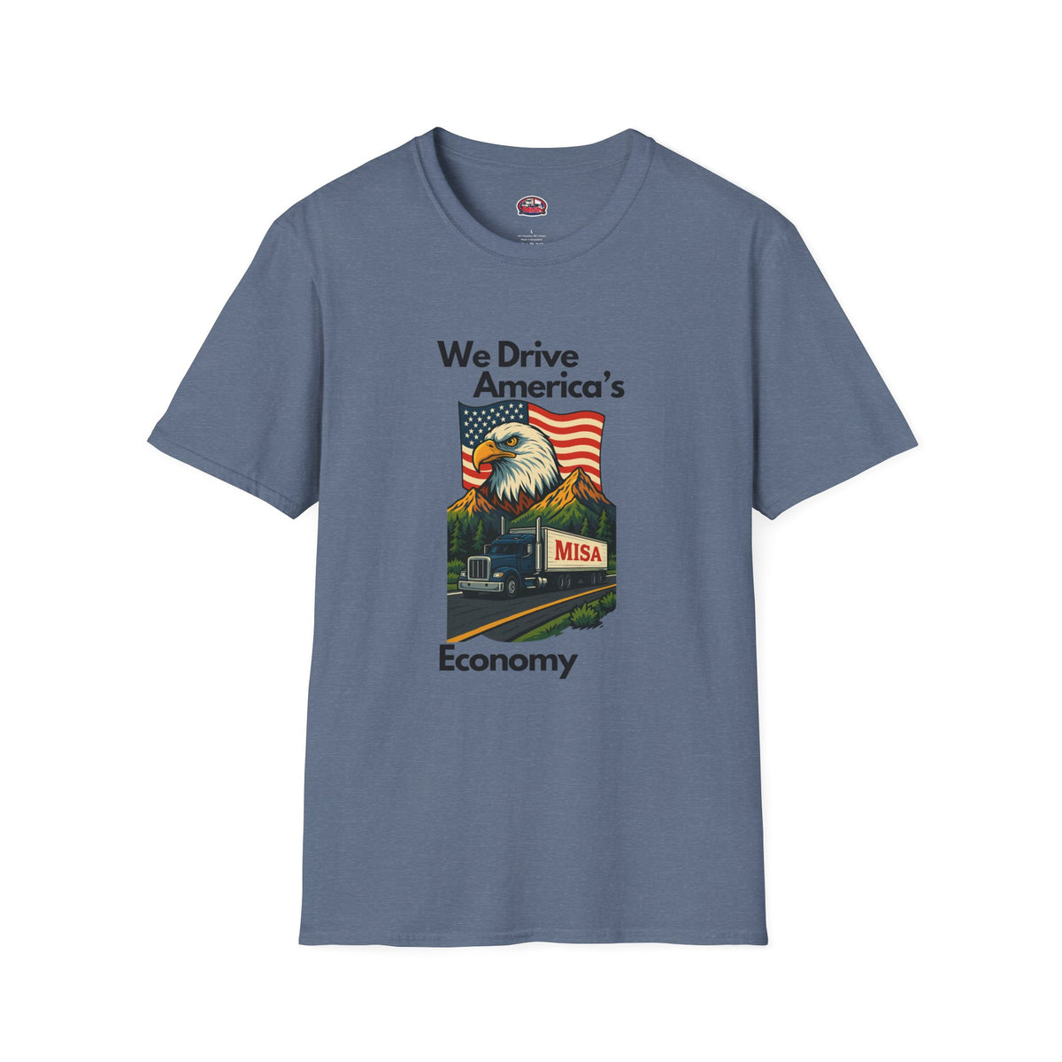 White patriotic unisex T-shirt by Printify featuring a "We Drive America's Economy" design for casual wear.