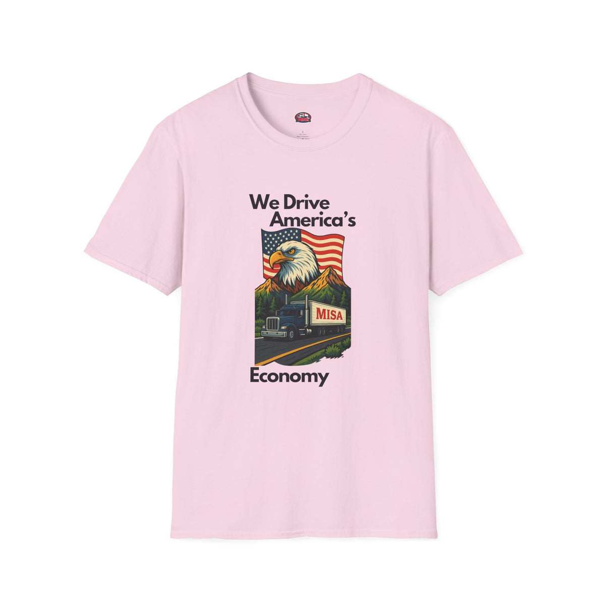 White patriotic unisex T-shirt by Printify with "We Drive America’s Economy" design, featuring bold red, white, and blue graphics.