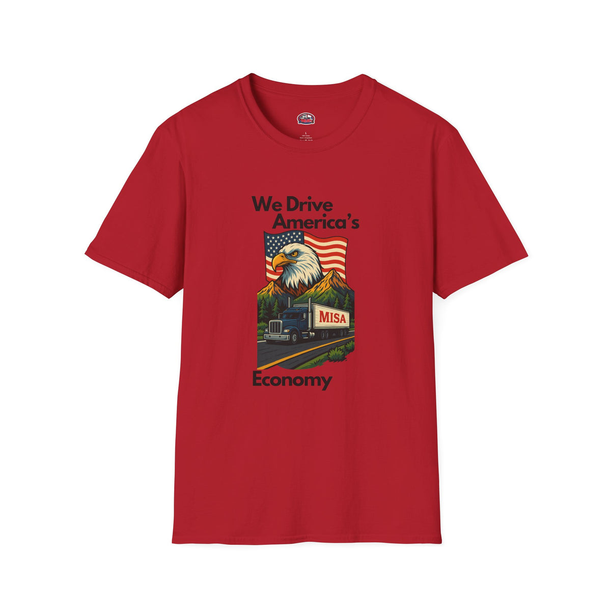 White patriotic unisex T-shirt by Printify featuring "We Drive America's Economy" design on the front.