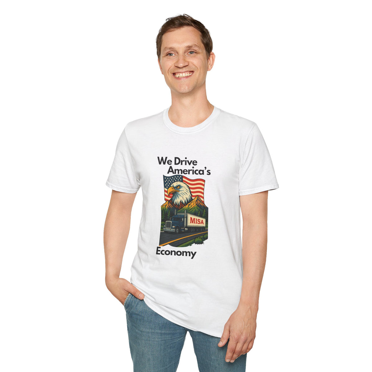 White patriotic unisex T-shirt by Printify featuring "We Drive America's Economy" design, casual and stylish for everyday wear.