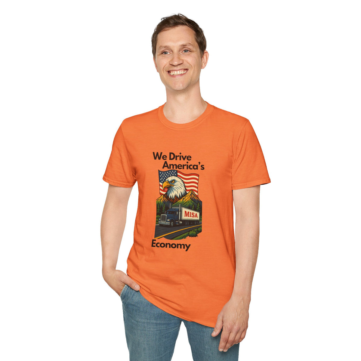 White unisex patriotic T-shirt by Printify featuring "We Drive America's Economy" design, showcasing bold text on the front.