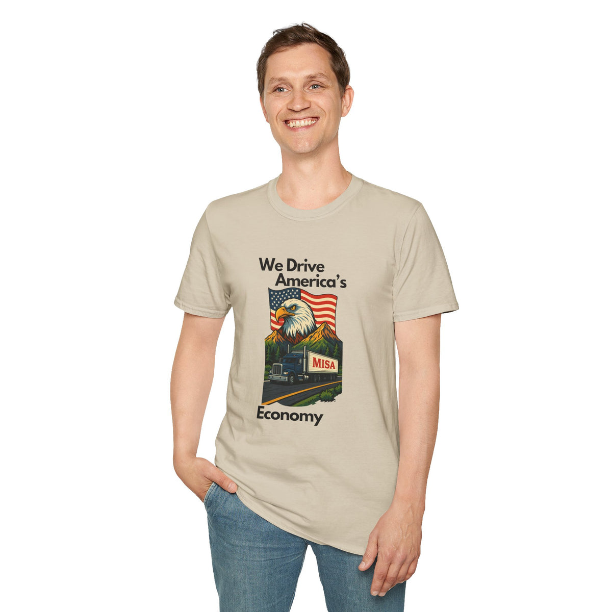 White patriotic unisex T-shirt by Printify with "We Drive America's Economy" design, featuring bold text on the front.