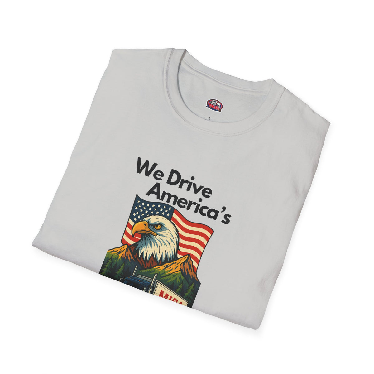 White unisex patriotic T-shirt by Printify with "We Drive America's Economy" design, featuring red, white, and blue graphics.