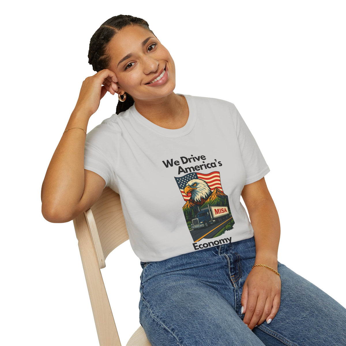 White patriotic unisex T-shirt by Printify featuring "We Drive America's Economy" design, casual fit and bold graphics.