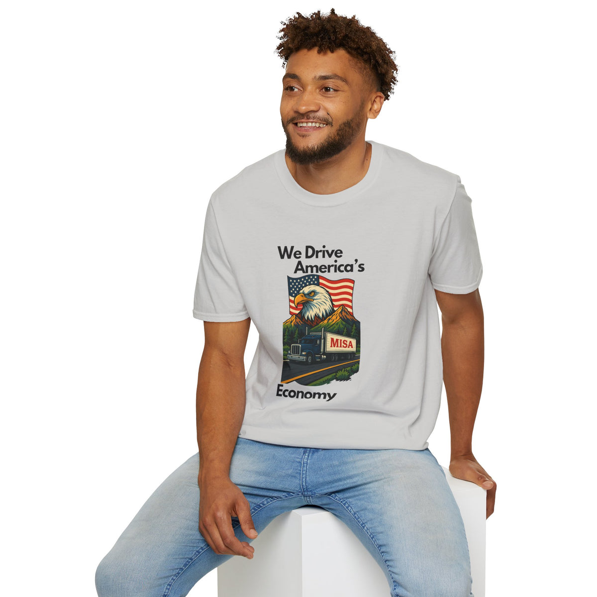 White patriotic unisex T-shirt by Printify featuring "We Drive America's Economy" design on the front.
