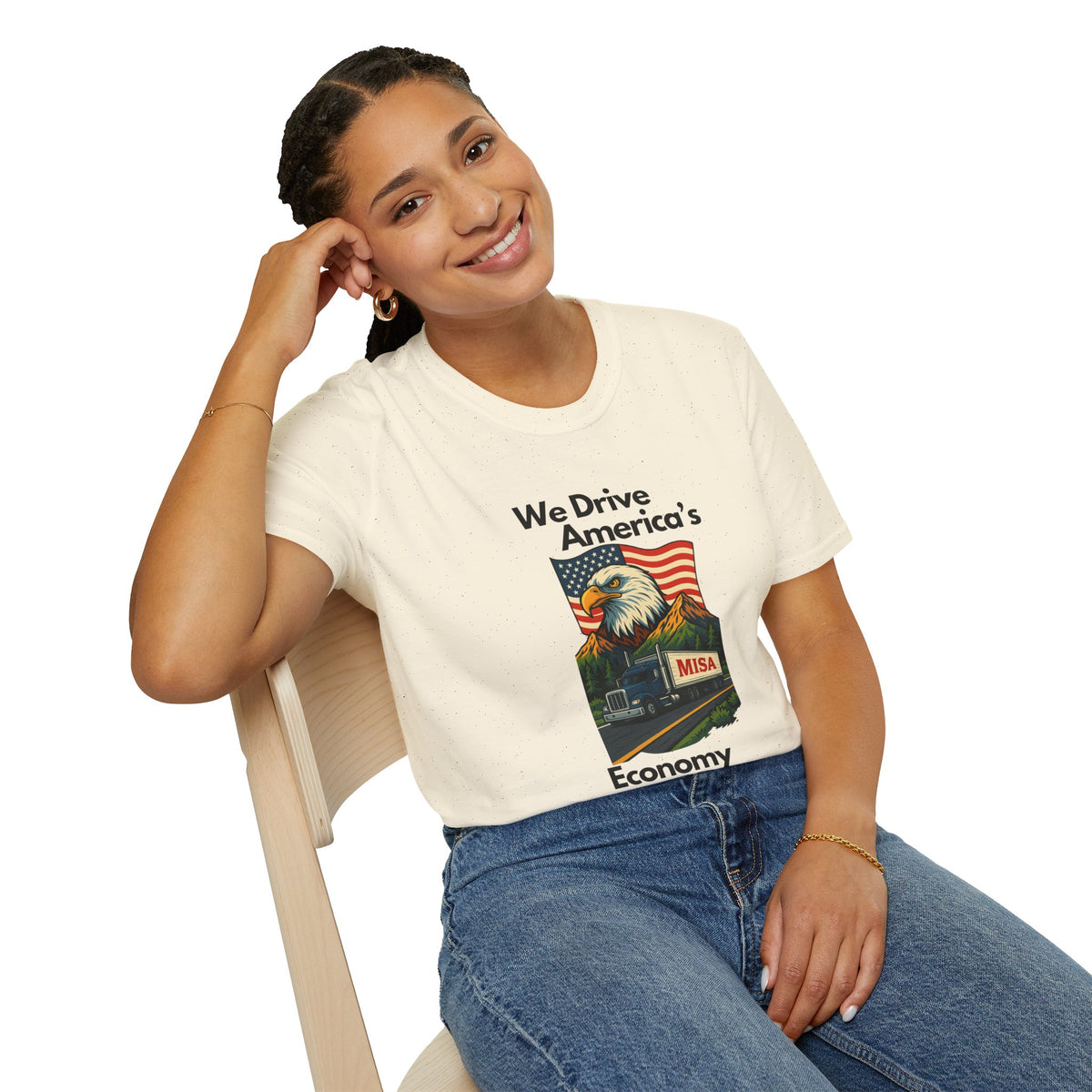 White unisex patriotic T-shirt by Printify featuring "We Drive America's Economy" design, showcasing bold text and casual fit.