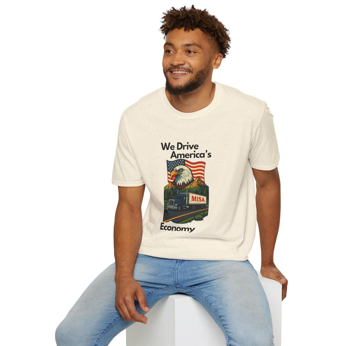 White unisex patriotic T-shirt by Printify featuring a "We Drive America's Economy" design, casual and comfortable fit.