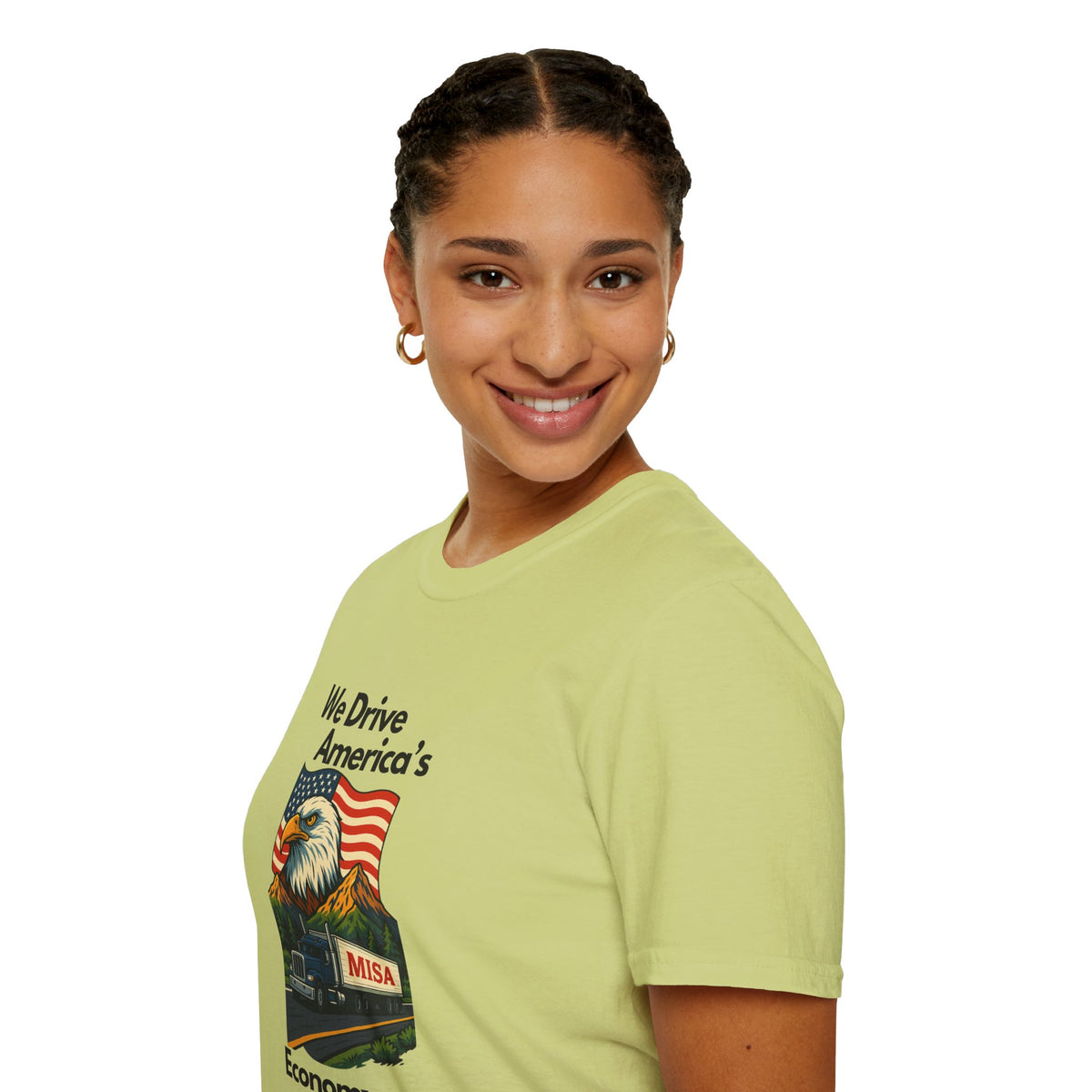White Patriotic Unisex T-Shirt by Printify with "We Drive America's Economy" graphic design, casual fit and soft fabric.