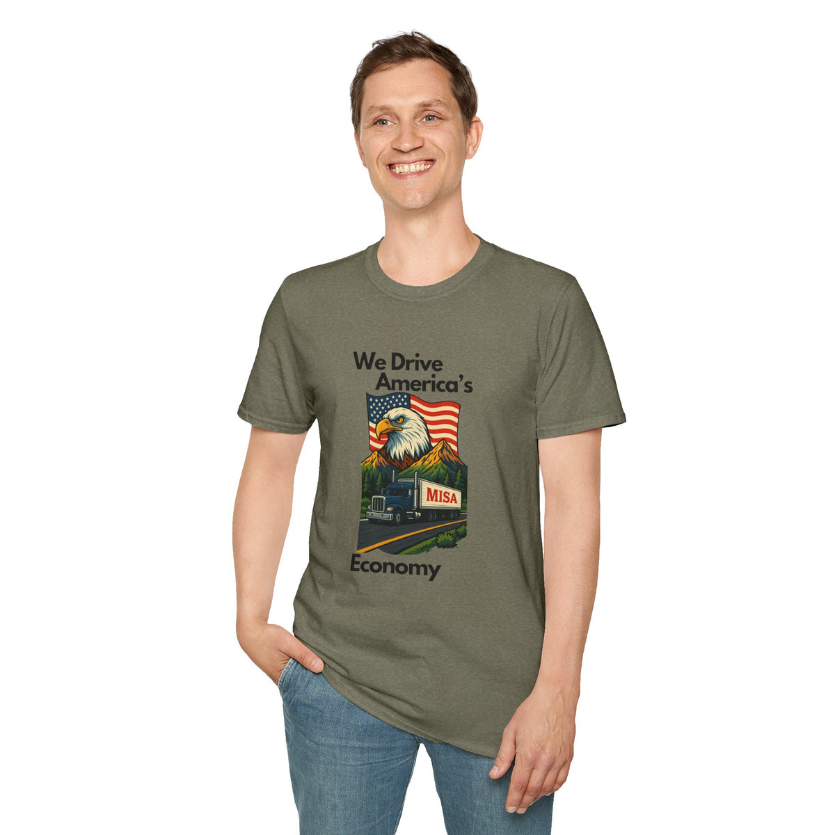 White patriotic unisex T-shirt by Printify featuring "We Drive America’s Economy" design, casual fit and bold graphics.