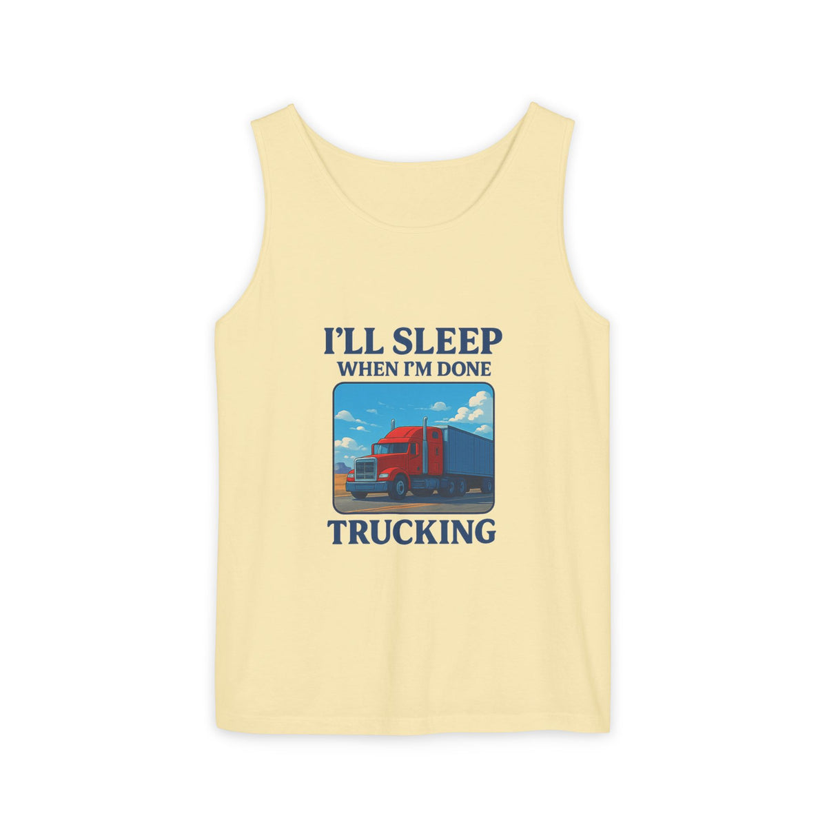 Chambray trucking humor tank top from Printify with "I'll Sleep When I'm Done" slogan, casual sleeveless shirt for truck enthusiasts.