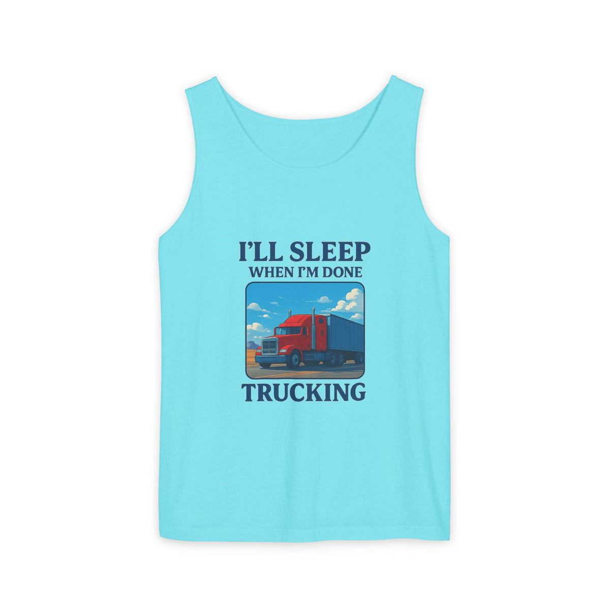 Blue chambray trucking humor tank top from Printify with "I'll Sleep When I'm Done" print, casual sleeveless design.