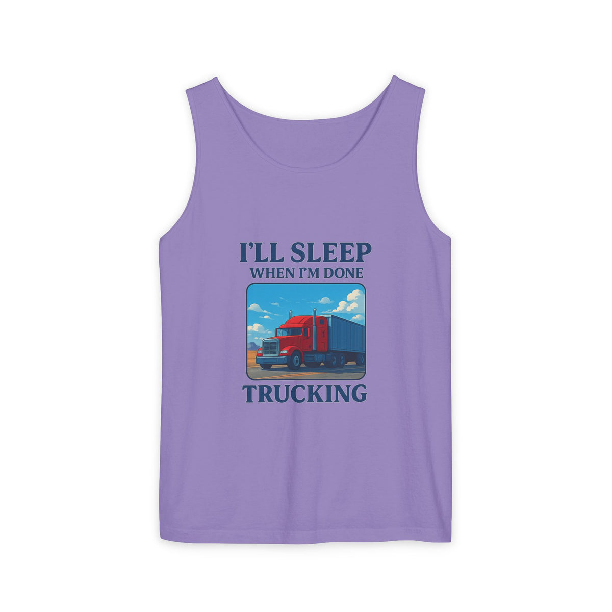 Chambray trucking humor tank top from Printify with "I'll Sleep When I'm Done" slogan, casual sleeveless shirt for truck enthusiasts.