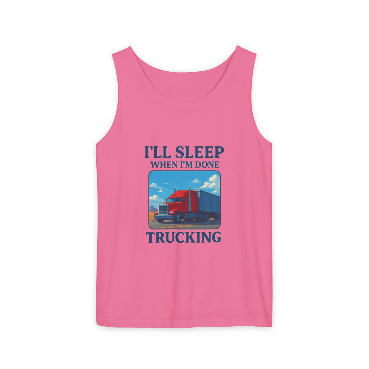 Chambray trucking humor tank top from Printify with "I'll Sleep When I'm Done" slogan, casual sleeveless design.