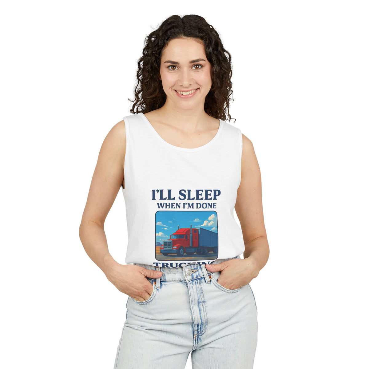 Chambray trucking humor tank top from Printify with "I'll Sleep When I'm Done" slogan, casual sleeveless design.