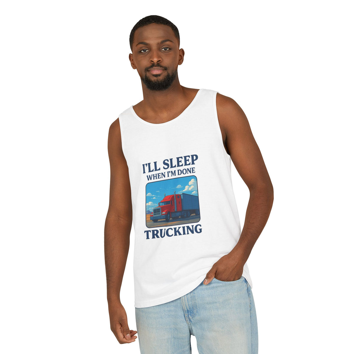 Chambray trucking humor tank top from Printify featuring the phrase "I'll Sleep When I'm Done" on casual sleeveless shirt.