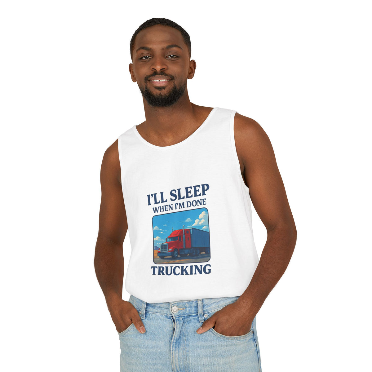 Chambray trucking humor tank top from Printify with "I'll Sleep When I'm Done" slogan, casual sleeveless design.