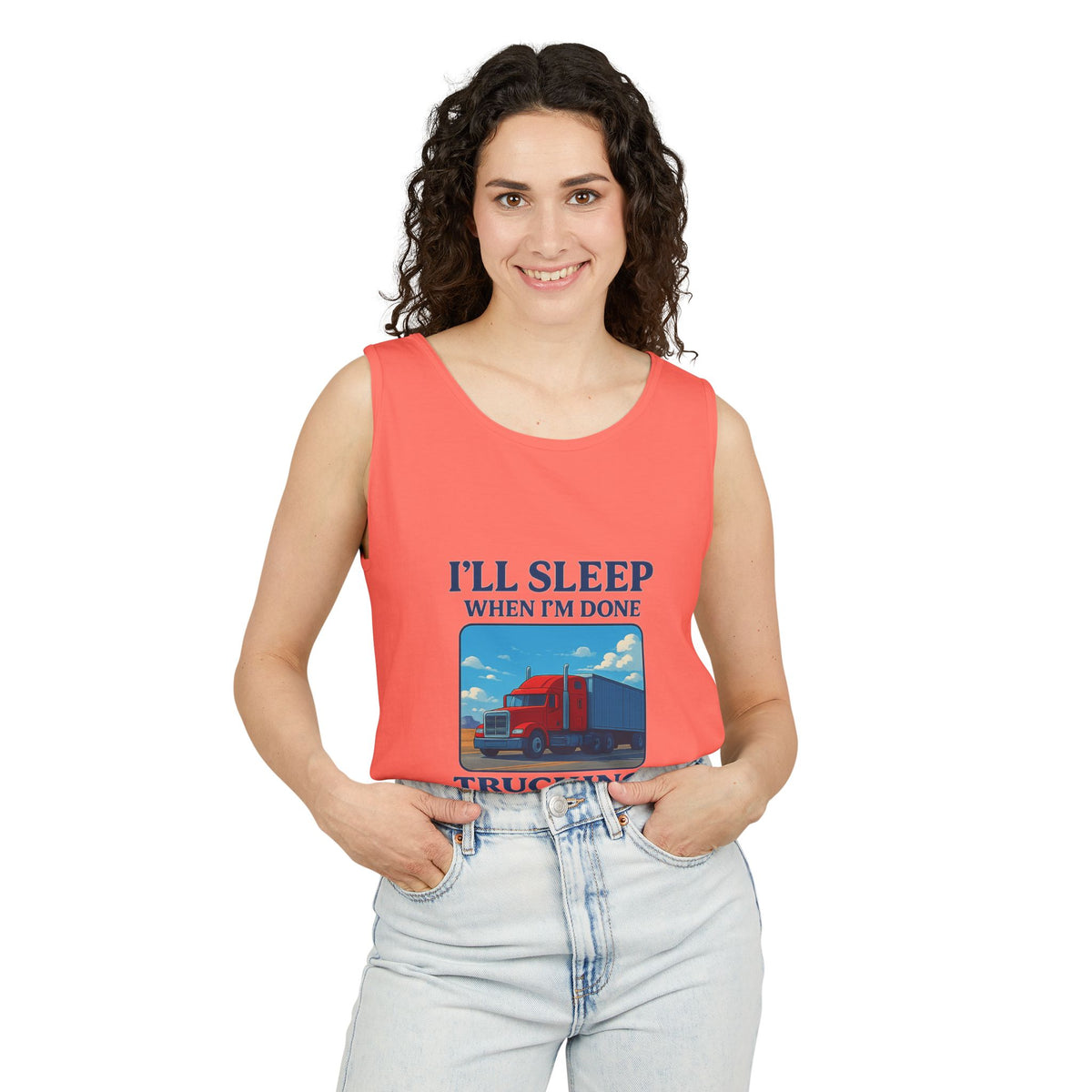Chambray trucking humor tank top by Printify featuring the phrase "I'll Sleep When I'm Done" on a casual sleeveless shirt.