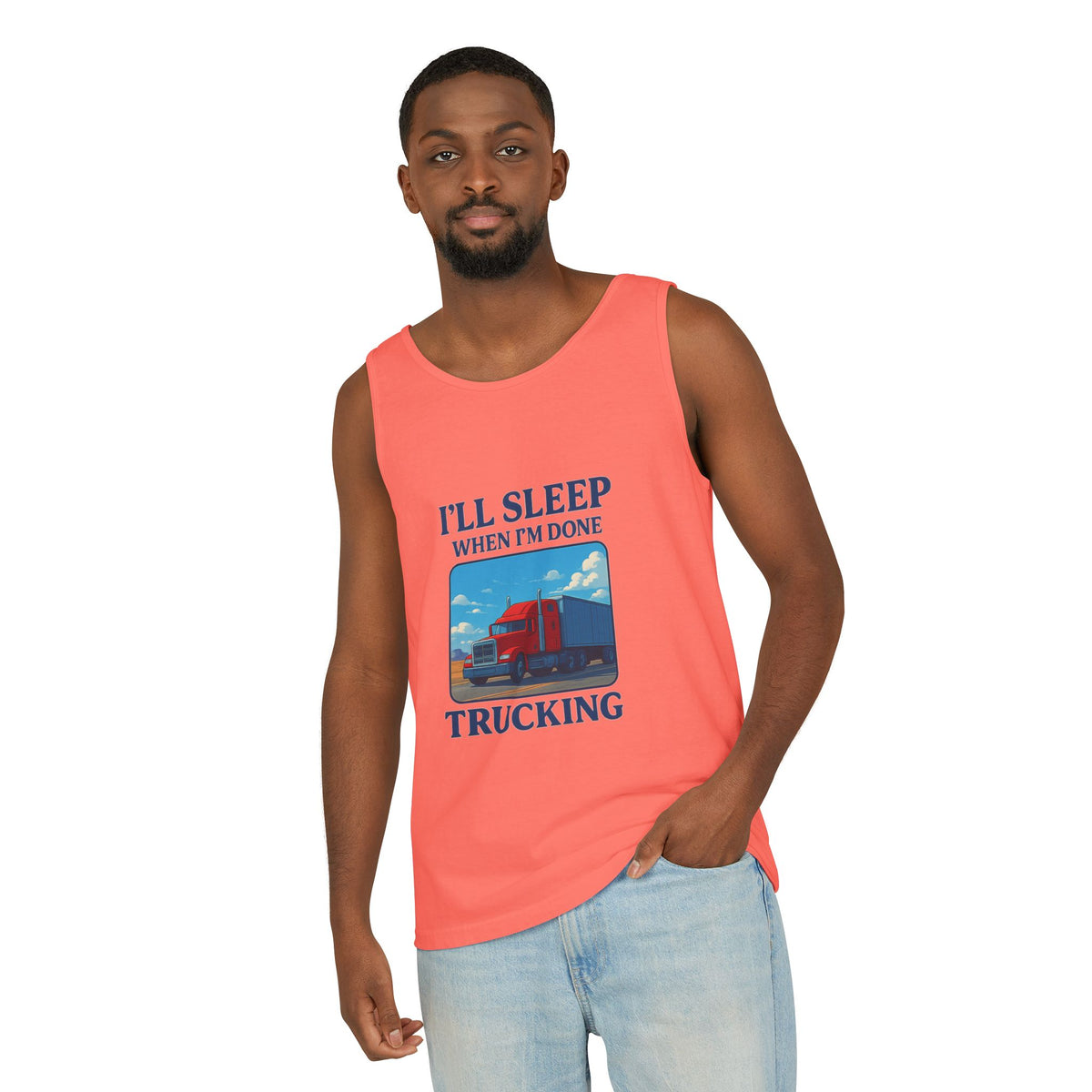 Chambray trucking humor tank top by Printify featuring "I'll Sleep When I'm Done" slogan, casual sleeveless graphic tee.