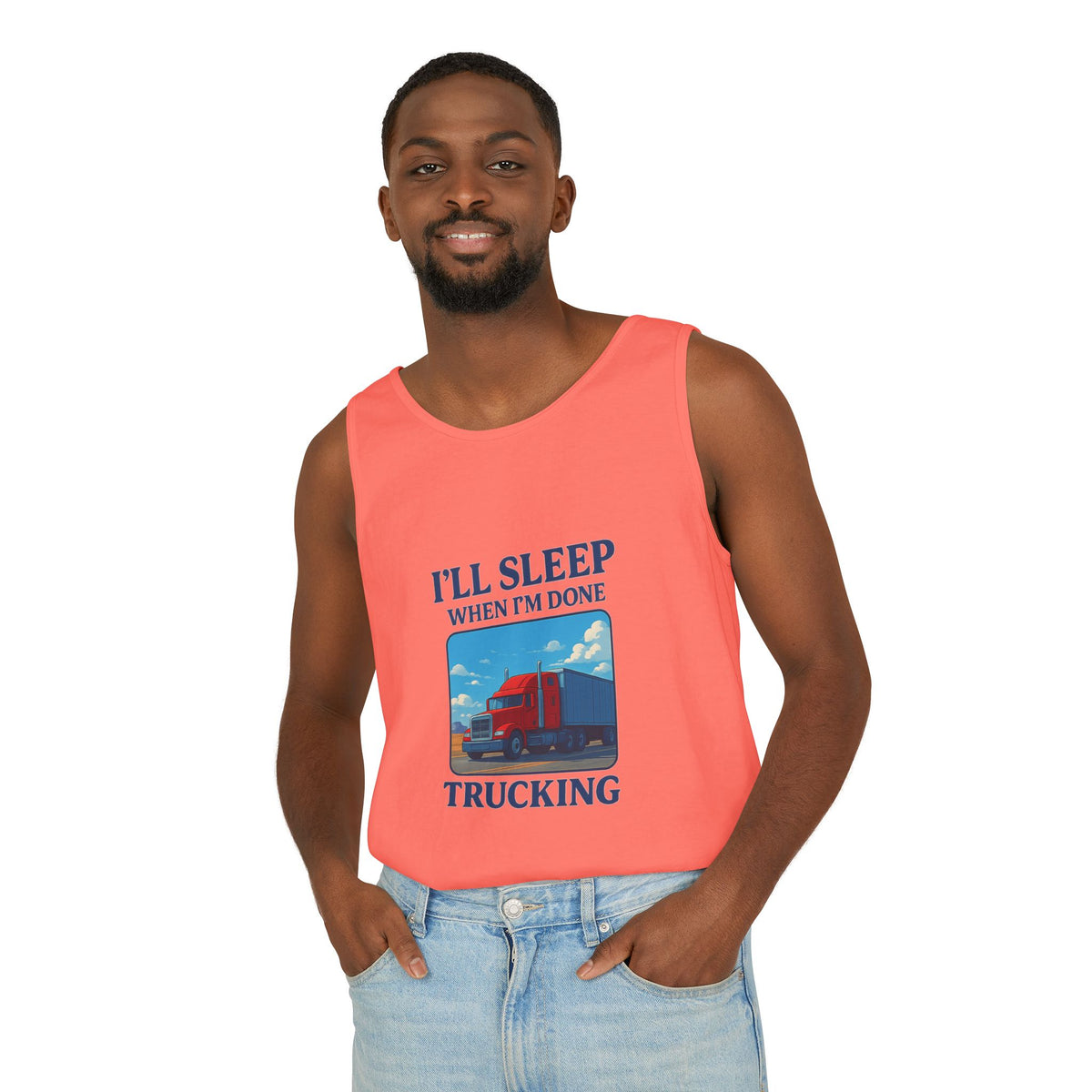 Chambray trucking humor tank top by Printify with "I'll Sleep When I'm Done" slogan, casual sleeveless design.