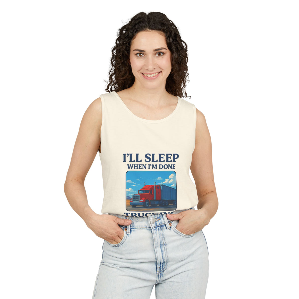 Chambray trucking humor tank top by Printify featuring the slogan "I'll Sleep When I'm Done" in bold lettering.