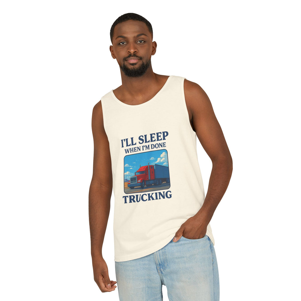 Chambray trucking humor tank top from Printify with "I'll Sleep When I'm Done" slogan, casual sleeveless shirt for truck enthusiasts.