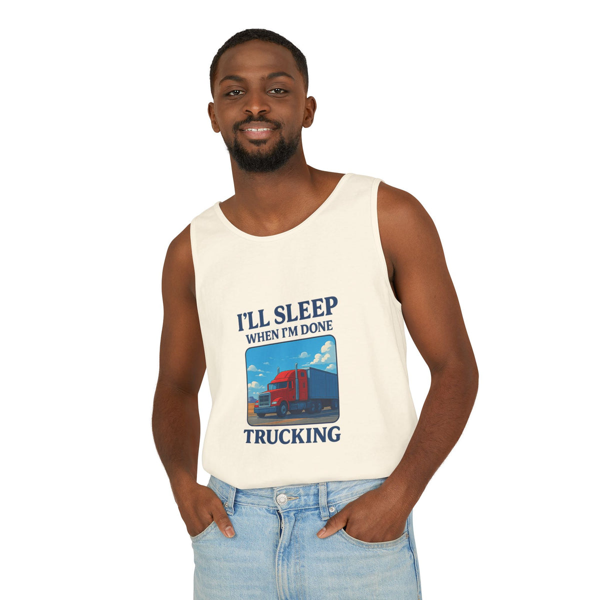 Chambray trucking humor tank top by Printify with "I'll Sleep When I'm Done" slogan, casual sleeveless design, front view.