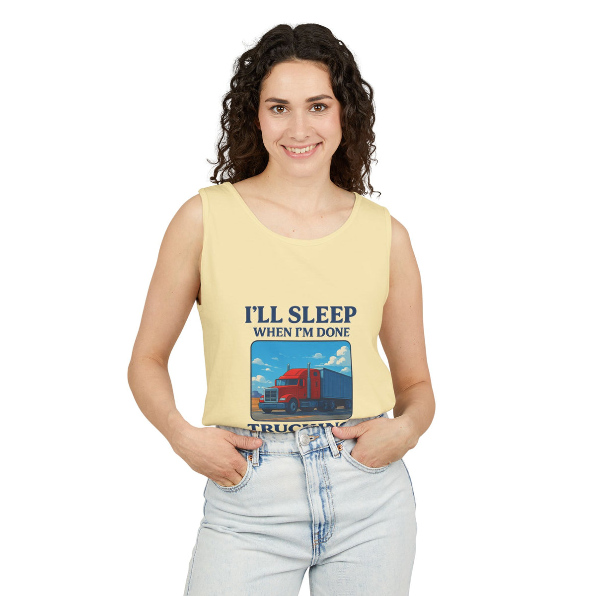 Chambray trucking humor tank top from Printify featuring the phrase "I'll Sleep When I'm Done" on a casual sleeveless shirt.