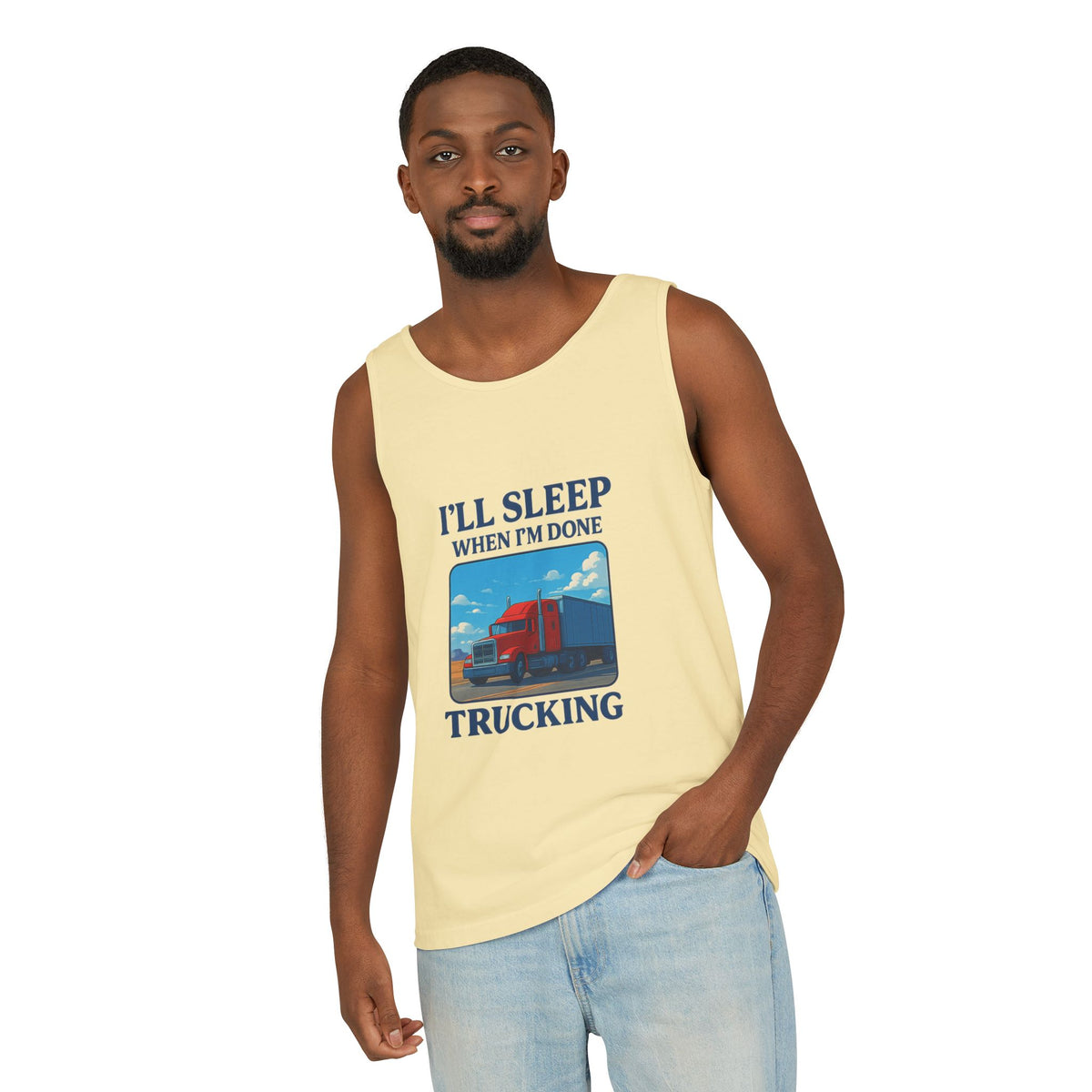 Chambray trucking humor tank top by Printify featuring the phrase "I'll Sleep When I'm Done" in bold text.