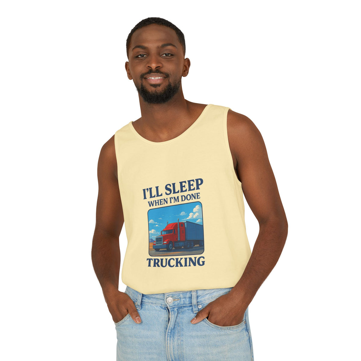 Chambray trucking humor tank top from Printify with "I'll Sleep When I'm Done" slogan, casual sleeveless design.