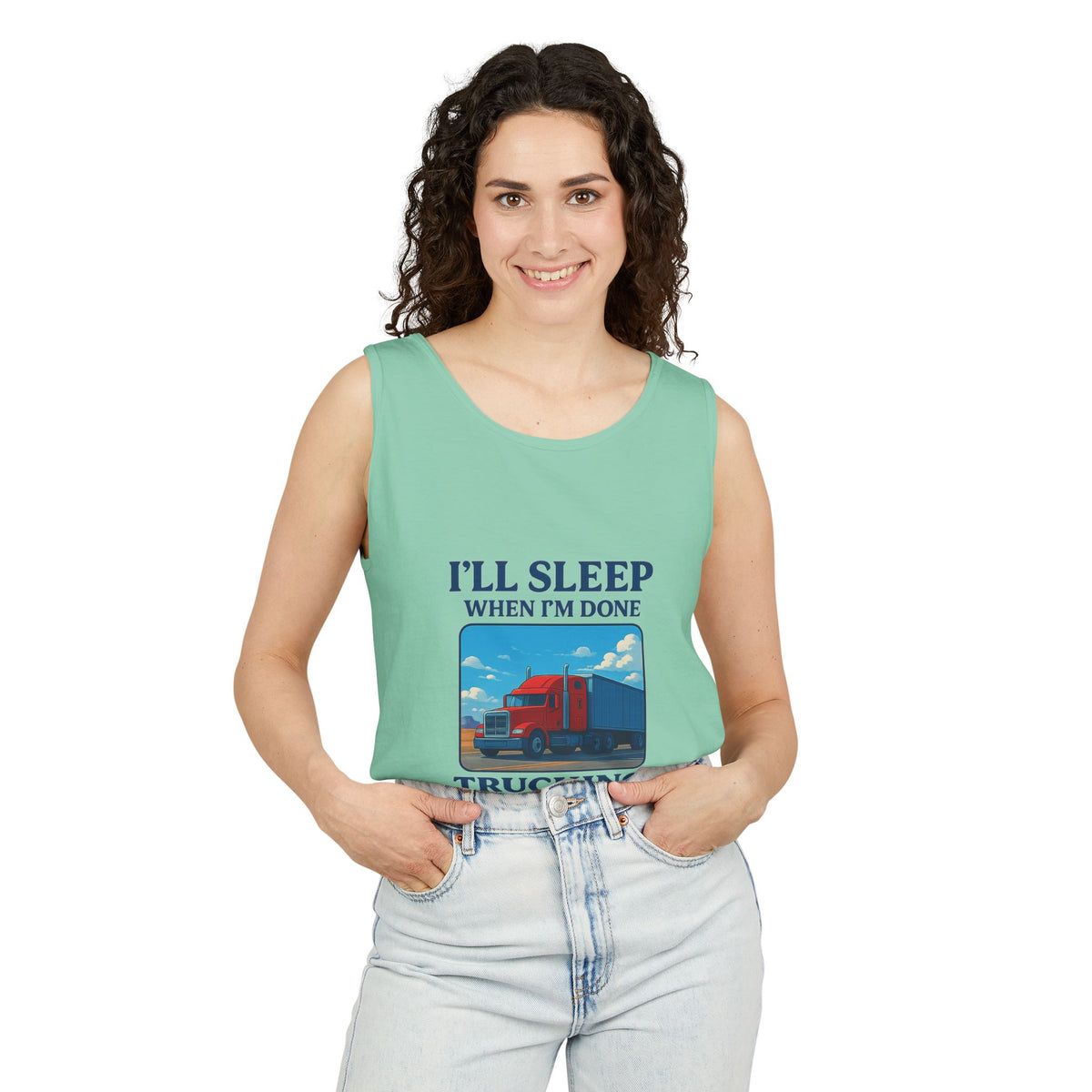Chambray trucking humor tank top from Printify featuring the phrase "I'll Sleep When I'm Done" in bold text.