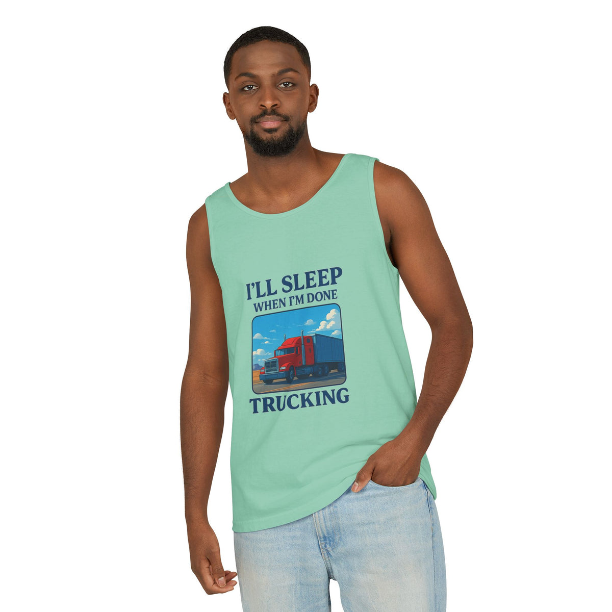 Chambray trucking humor tank top from Printify with "I'll Sleep When I'm Done" slogan, casual sleeveless design.