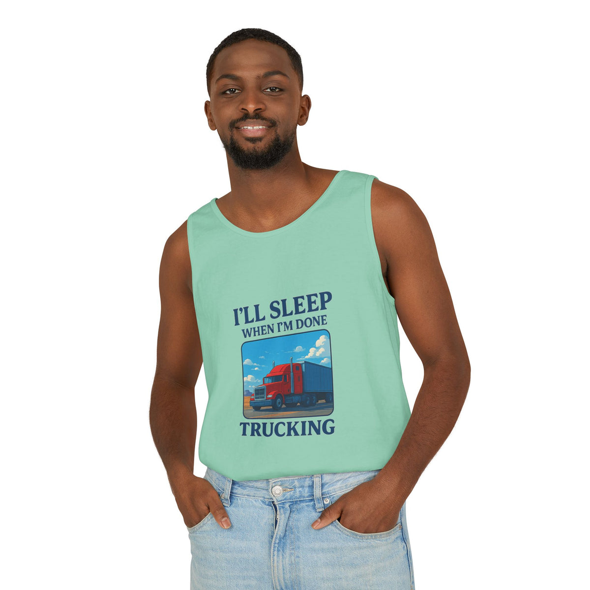 Chambray trucking humor tank top by Printify featuring "I'll Sleep When I'm Done" slogan, casual sleeveless design.