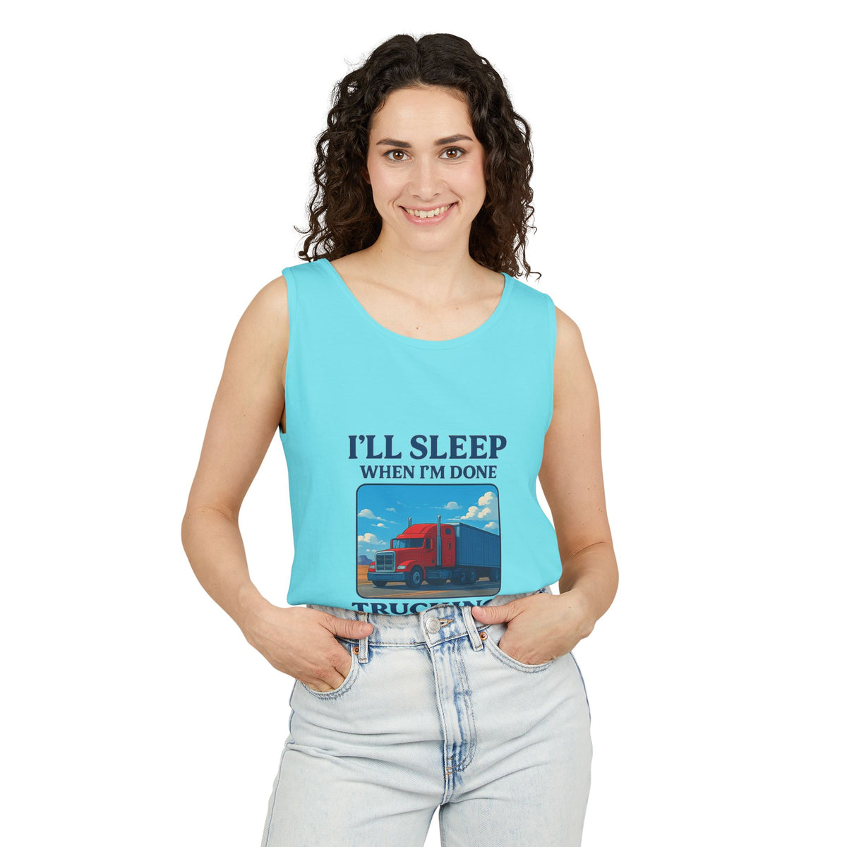 Chambray trucking humor tank top from Printify with "I'll Sleep When I'm Done" graphic, casual sleeveless shirt for truck enthusiasts.