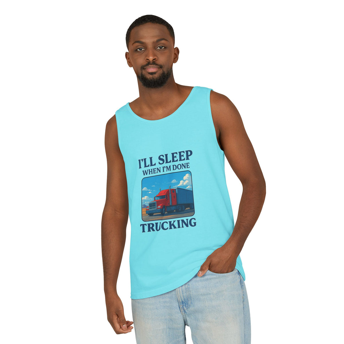 Chambray trucking humor tank top from Printify with "I'll Sleep When I'm Done" graphic, casual sleeveless design.