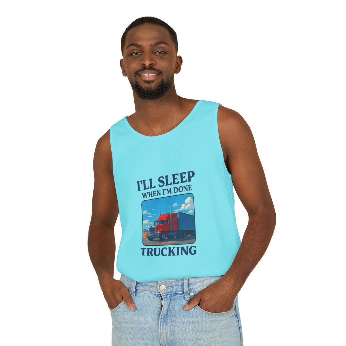 Chambray trucking humor tank top from Printify with "I'll Sleep When I'm Done" slogan, designed for casual wear.