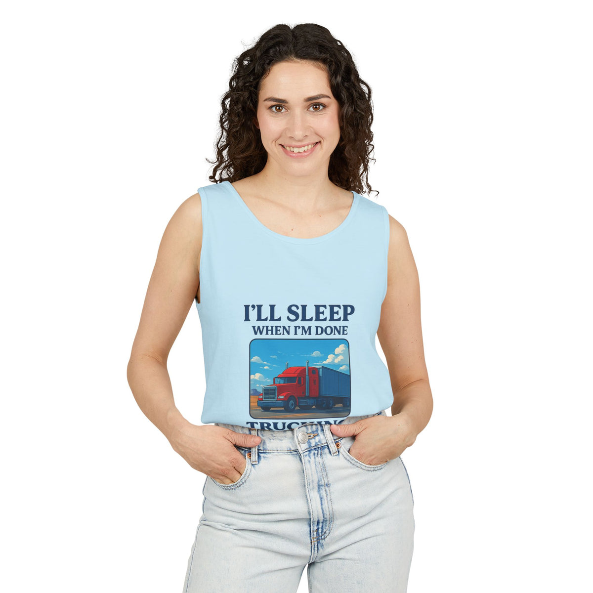 Chambray trucking humor tank top from Printify featuring the phrase "I'll Sleep When I'm Done" in casual style.