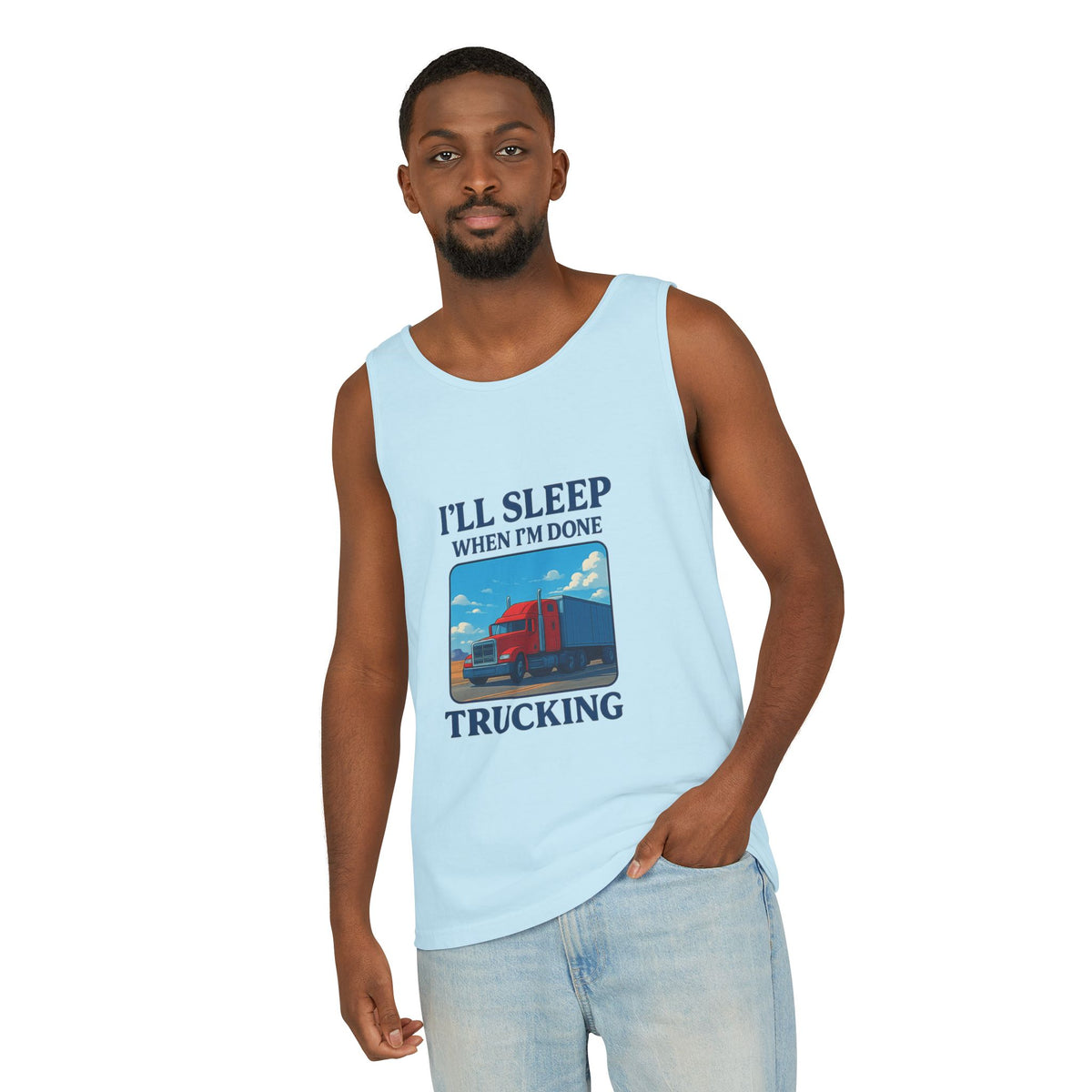 Chambray trucking humor tank top with "I'll Sleep When I'm Done" slogan, featuring casual fit and printed by Printify.