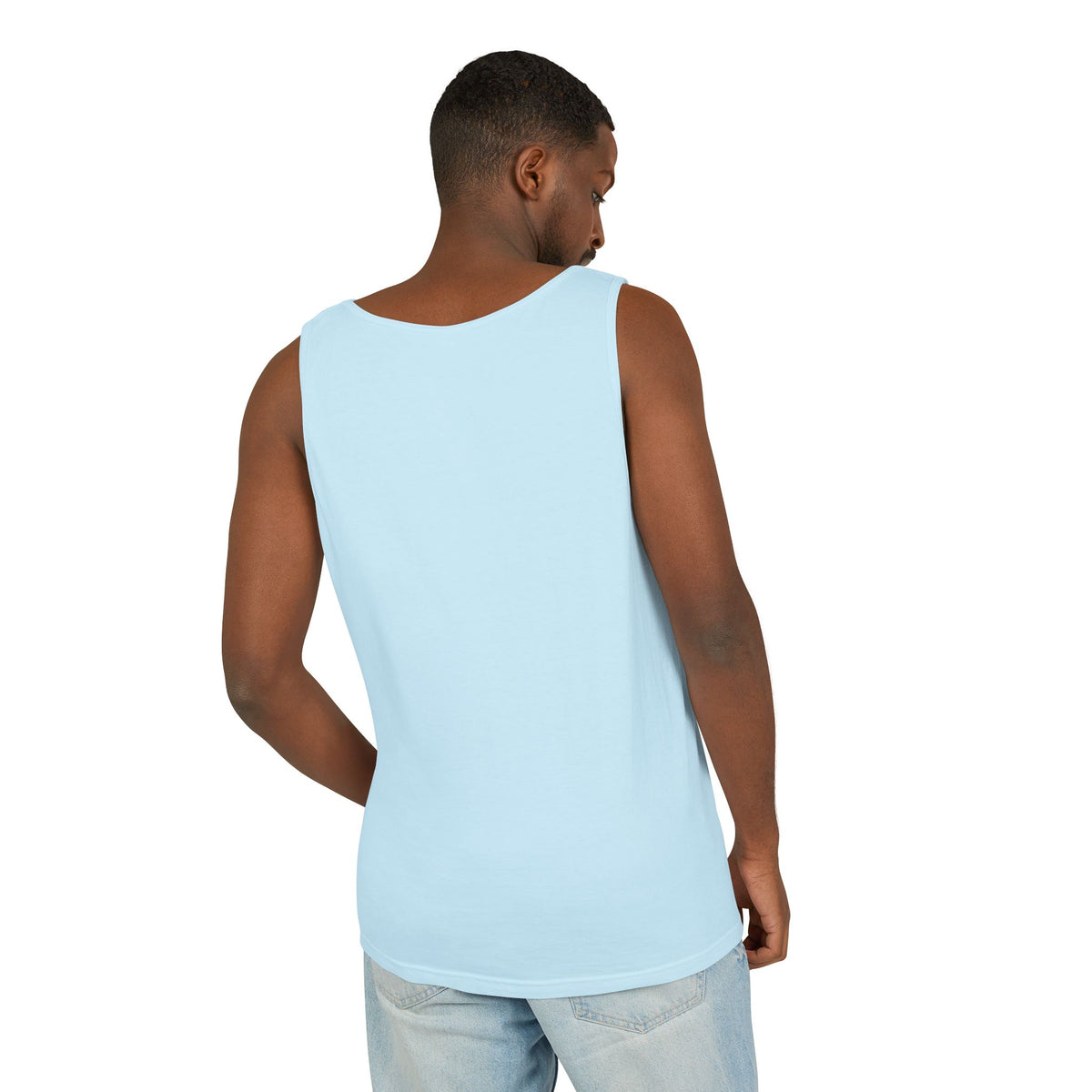 Chambray trucking humor tank top with "I'll Sleep When I'm Done" slogan, designed for casual wear by Printify.
