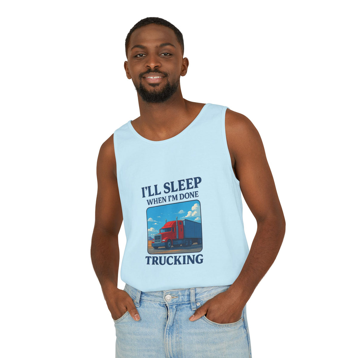 Trucking humor tank top from Printify featuring the phrase "I'll Sleep When I'm Done" on chambray fabric in XS size.