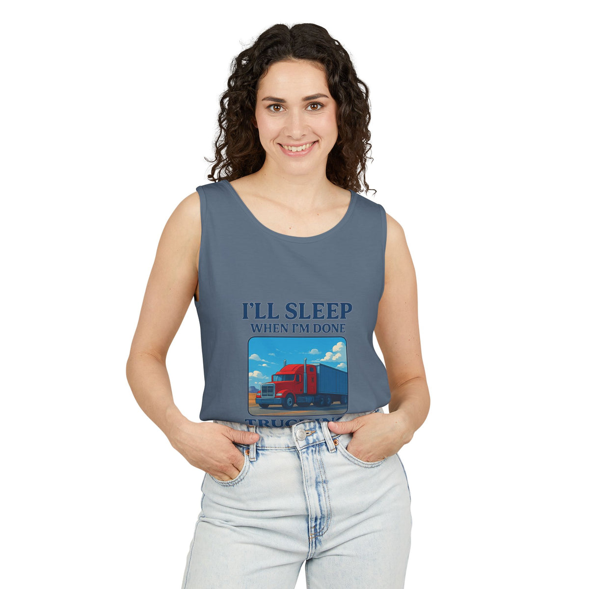 Chambray trucking humor tank top by Printify featuring the phrase "I'll Sleep When I'm Done" on a casual sleeveless shirt.