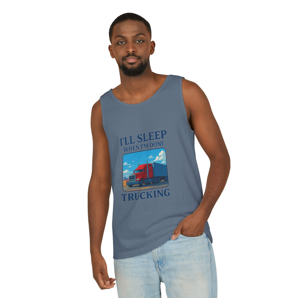 Trucking humor tank top from Printify featuring the phrase "I'll Sleep When I'm Done" in chambray fabric.