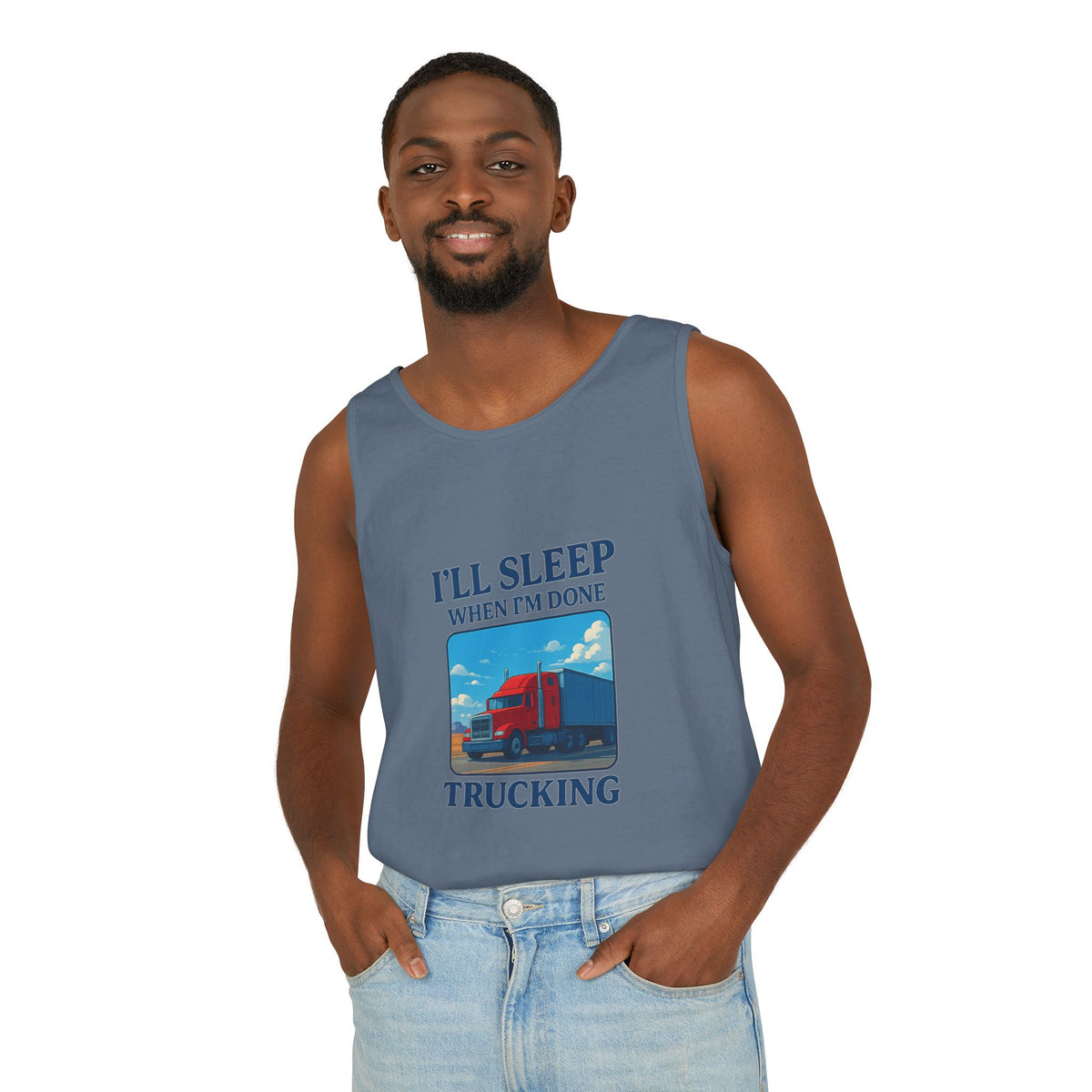 Chambray trucking humor tank top by Printify featuring the slogan "I'll Sleep When I'm Done" on a casual sleeveless shirt.