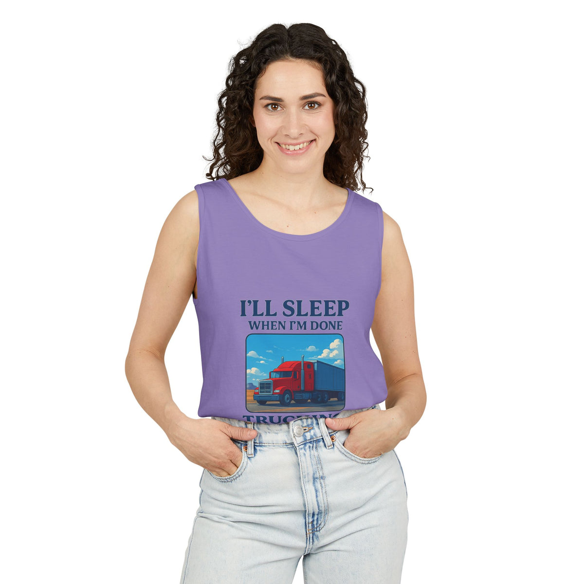 Chambray trucking humor tank top from Printify with "I'll Sleep When I'm Done" print, casual sleeveless design for truck enthusiasts.