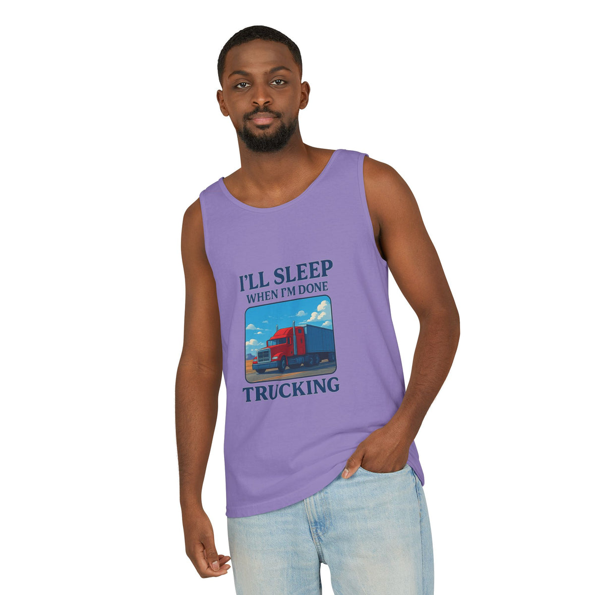 Chambray trucking humor tank top by Printify featuring "I'll Sleep When I'm Done" slogan, casual sleeveless design.