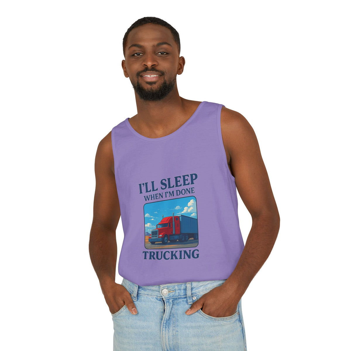 Chambray trucking humor tank top by Printify featuring "I'll Sleep When I'm Done" slogan, casual sleeveless shirt for truck enthusiasts.